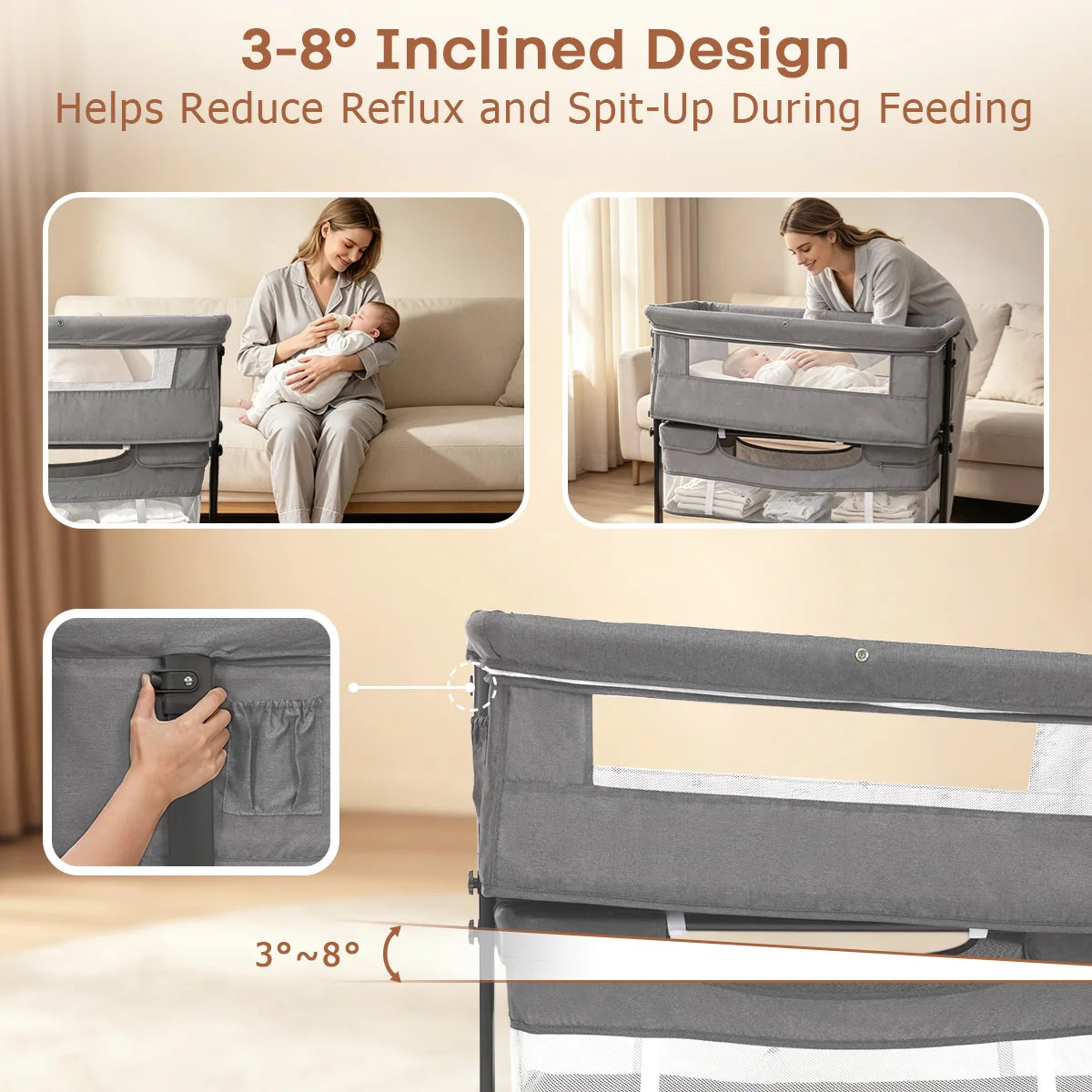 Portable 3 in 1 Foldable Bedside Bassinet Crib