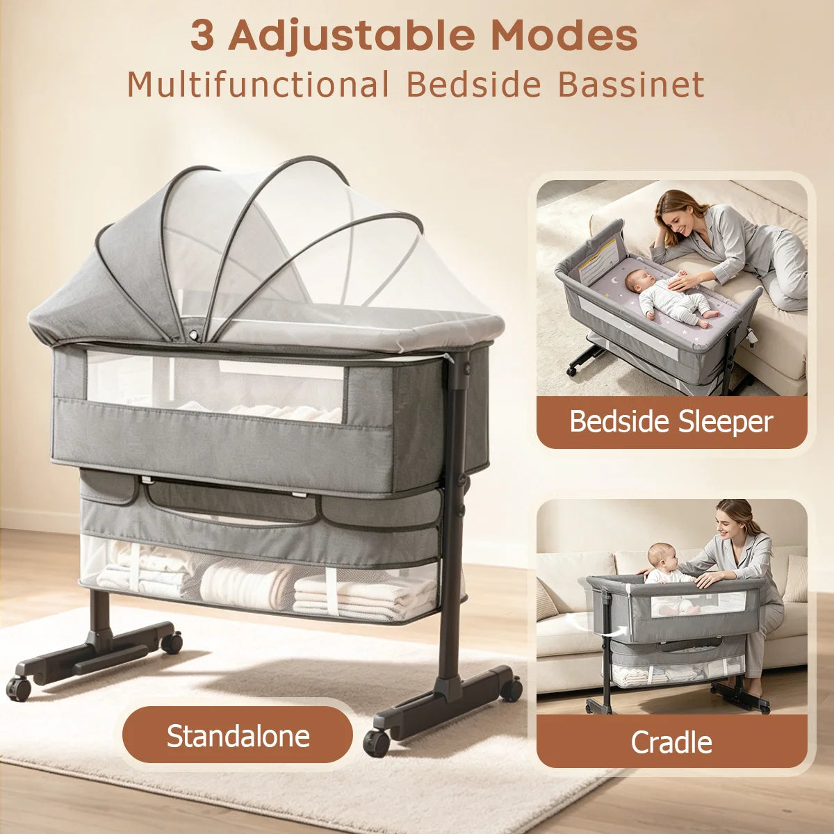 Portable 3 in 1 Foldable Bedside Bassinet Crib