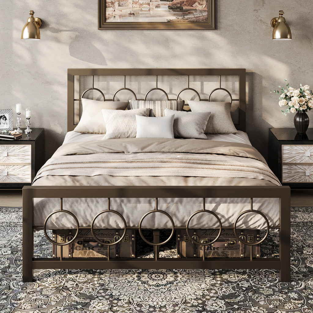 Metal Platform Bed Frame with Vintage Circular Design Headboard