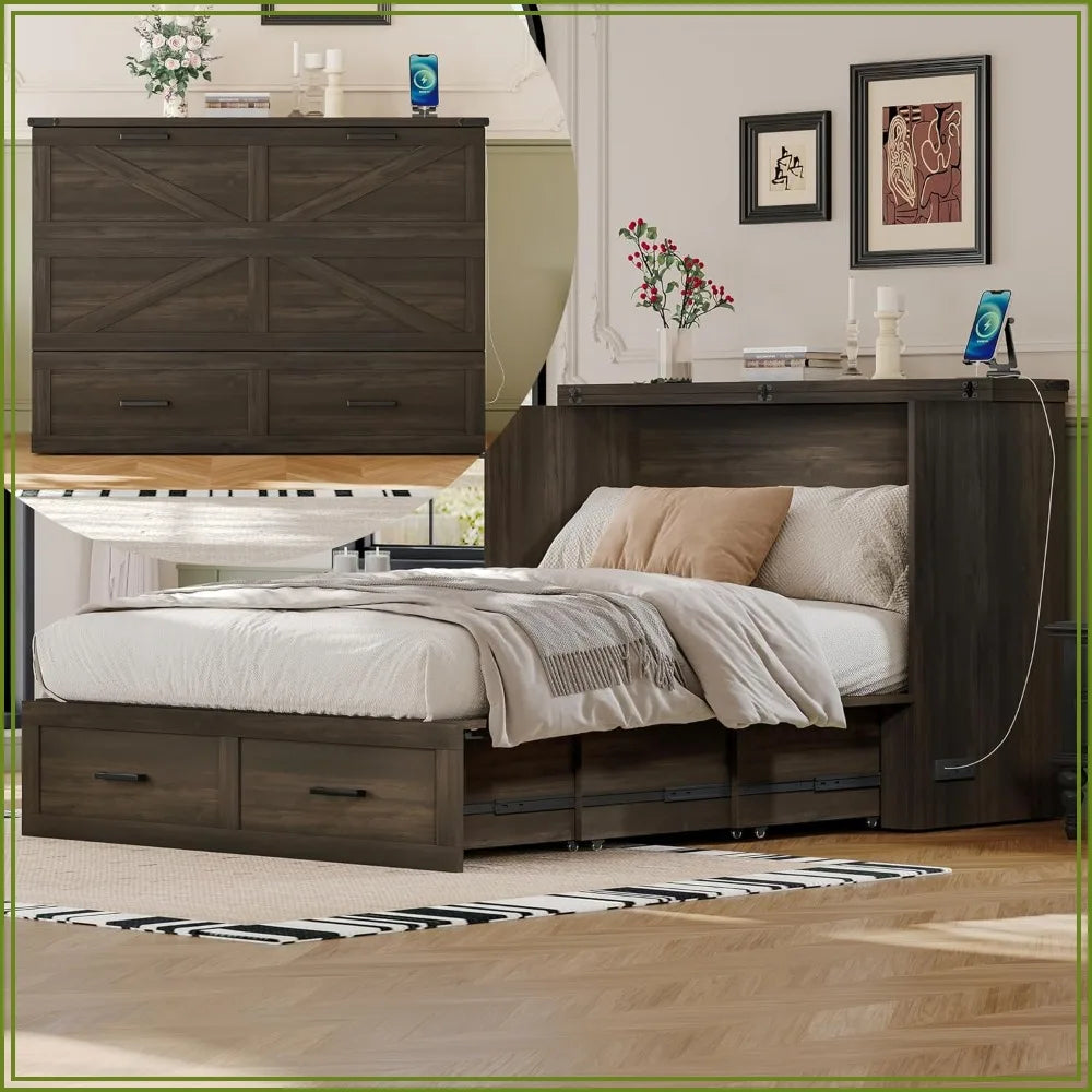 Farmhouse Full Sized Murphy Cabinet Bed with Storage Drawer and Charging Station