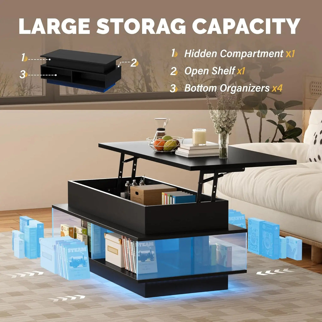 Lift Top Coffee Table with Hidden Storage & LED Lights