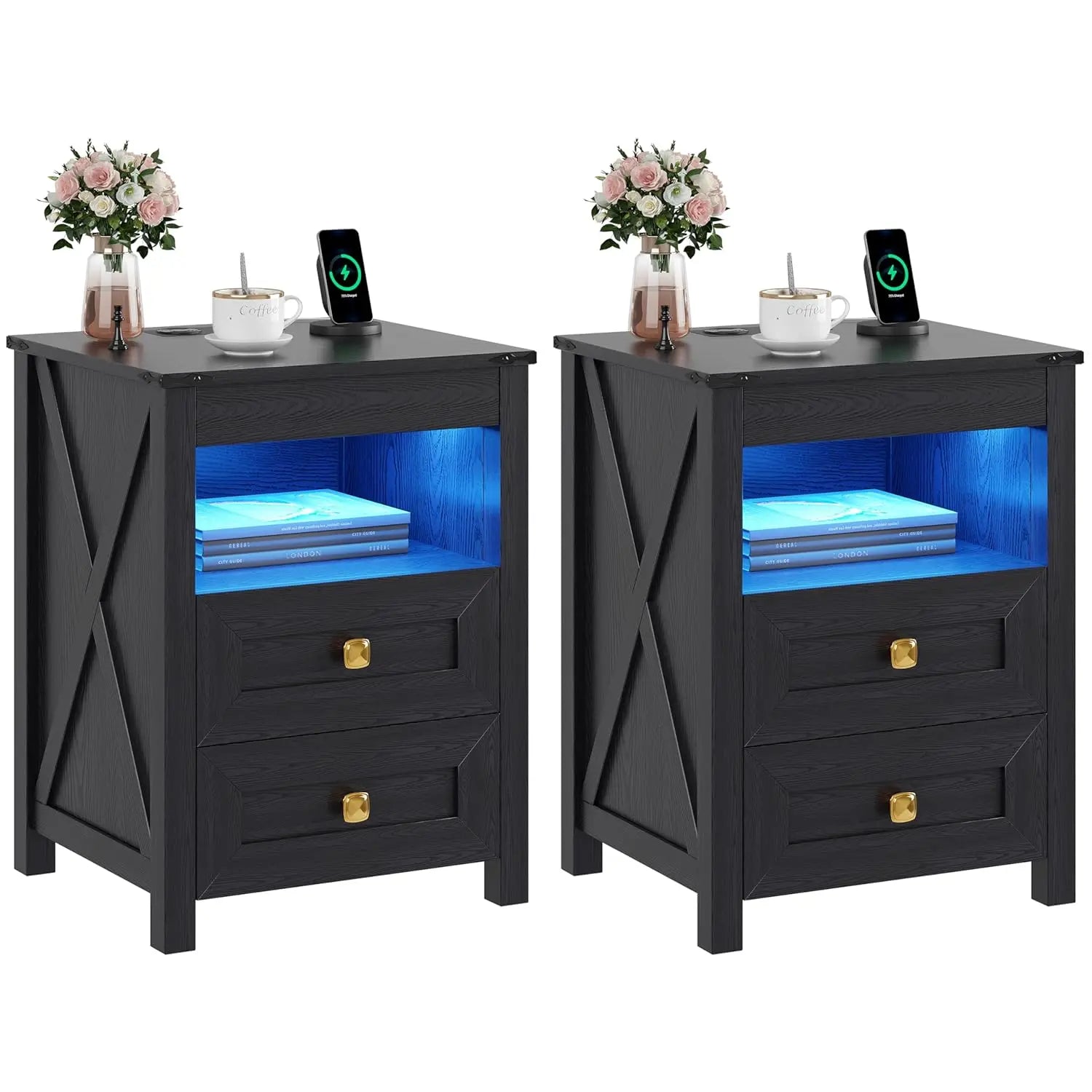 Farmhouse Nightstand Set of 2 with Gun Drawer