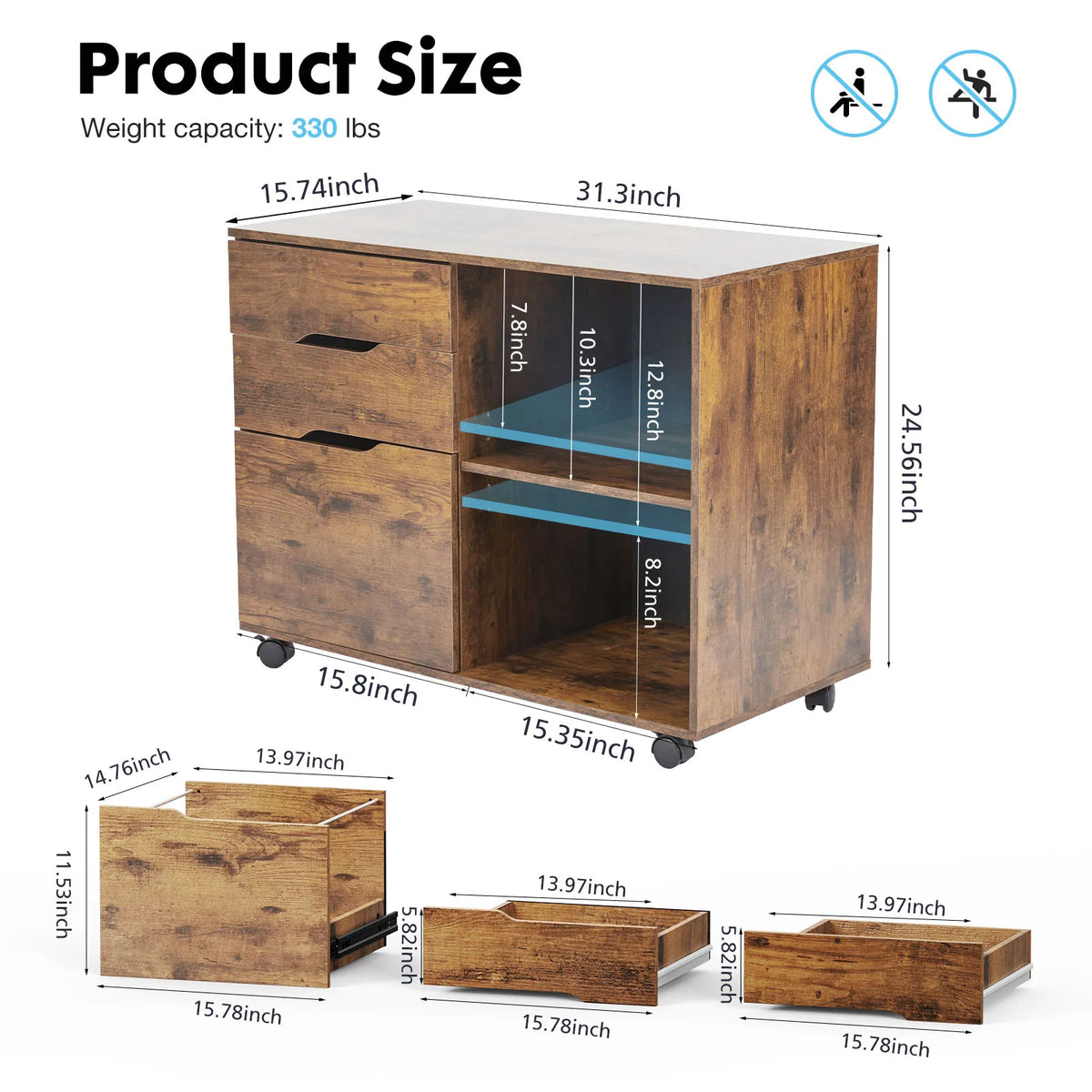 3 Drawers Wooden Mobile Filing Cabinet