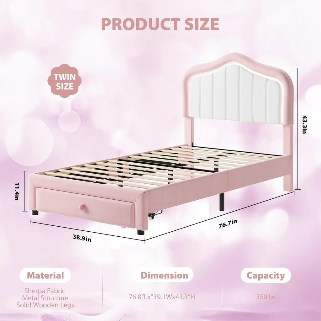 Kids Upholstered Bed Frame with LED Crown Headboard
