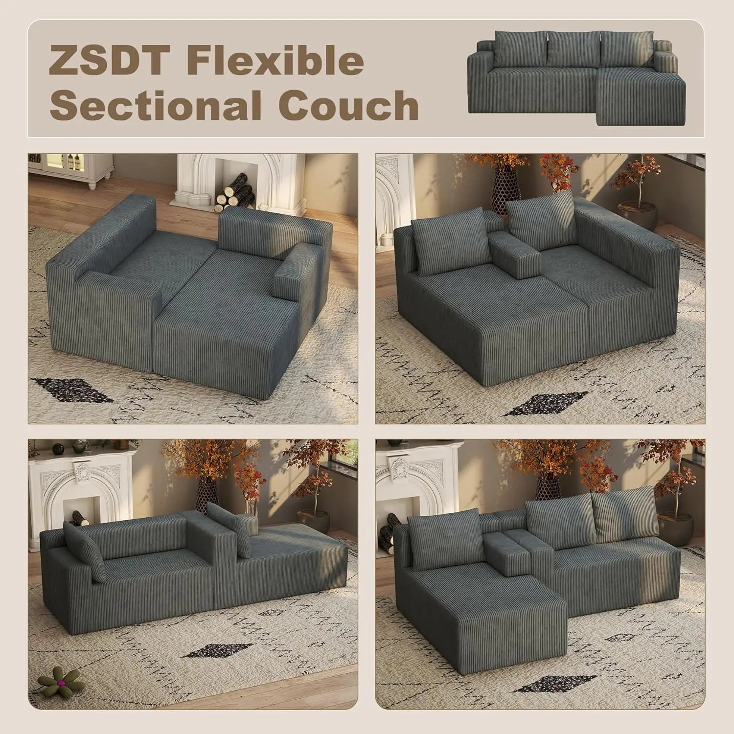 Sectional Boneless Couch with L Shaped Chaise
