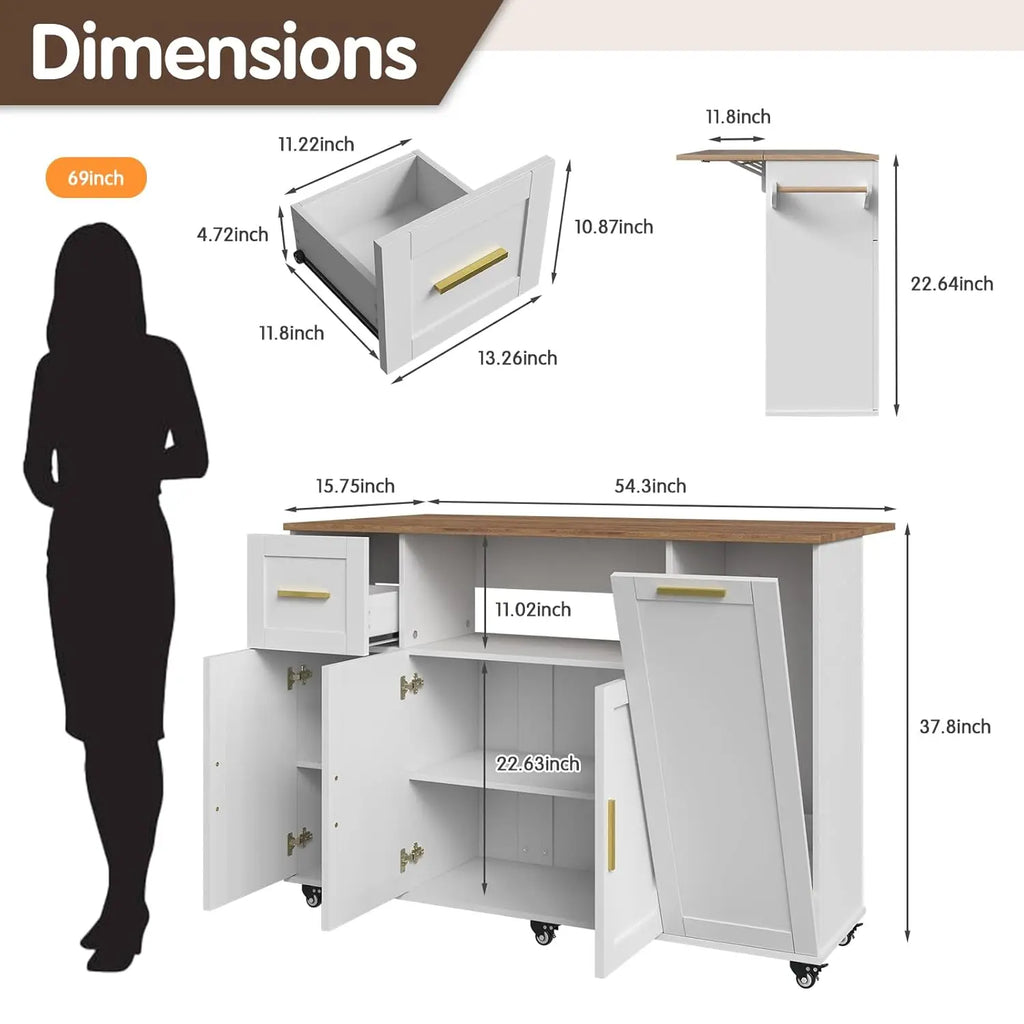 59inch Kitchen Storage Island with Drop Leaf