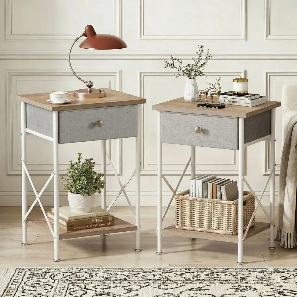 Industrial Nightstands (Set of 2) with Fabric Drawers & Open Storage Shelves