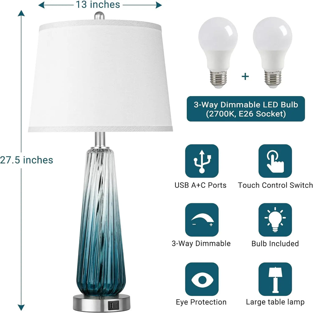 3-Way Dimmable Touch Control Glass Table Lamps Set of 2 with USB Ports