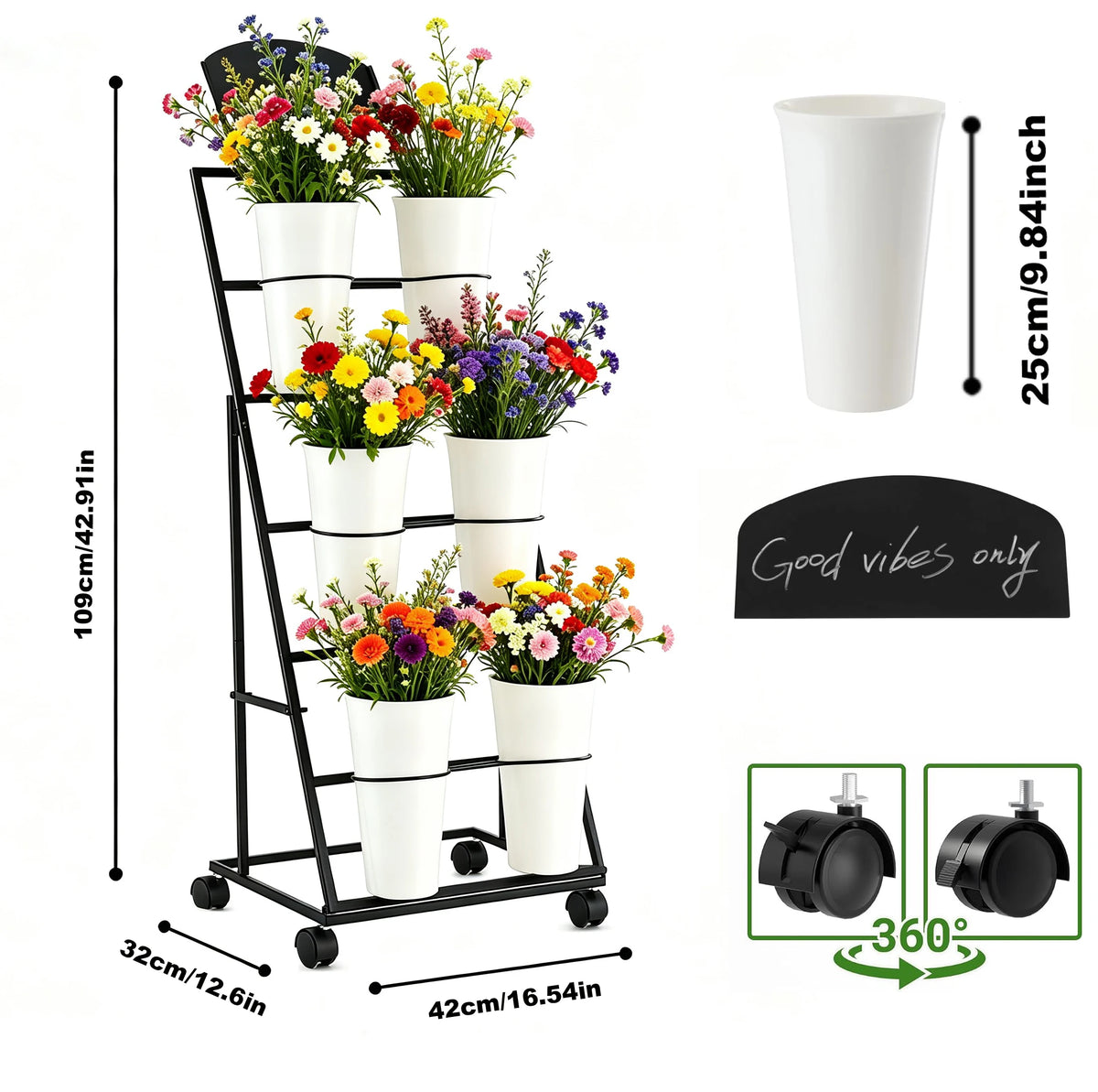 3 Tier Mobile Flower Display Stand with 6 Plastic Flower Buckets