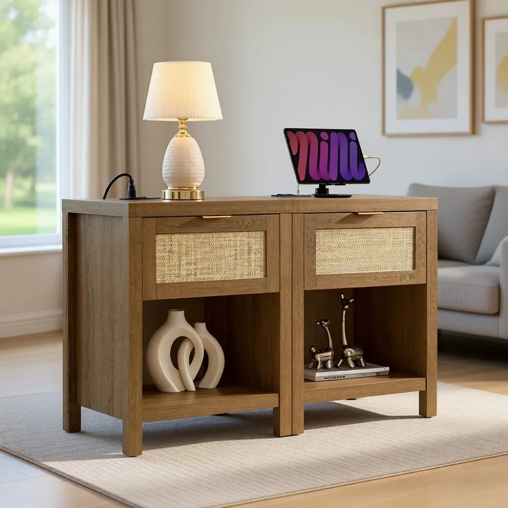 Boho-Styled Nightstands (Set of 2) with Charging Station
