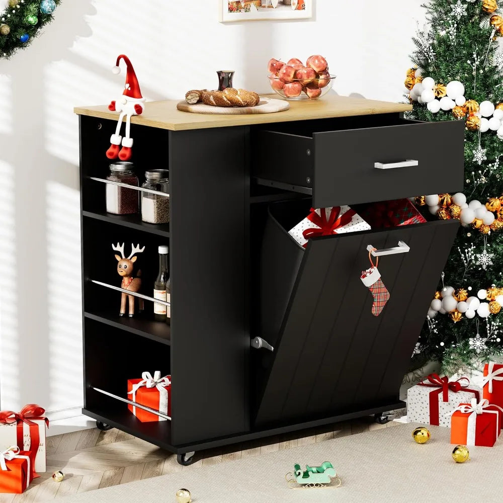 Rolling Kitchen Island with Trash Can Storage