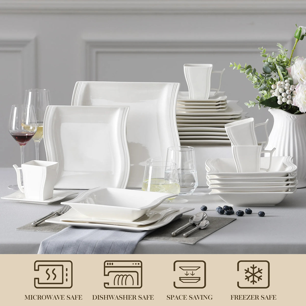 FLORA 30/60 Piece White Porcelain Dinner Set with 12