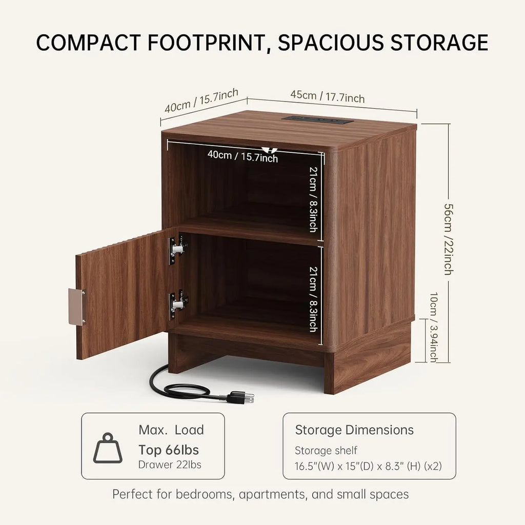 Fluted Wood Side Nightstand with Charging Station