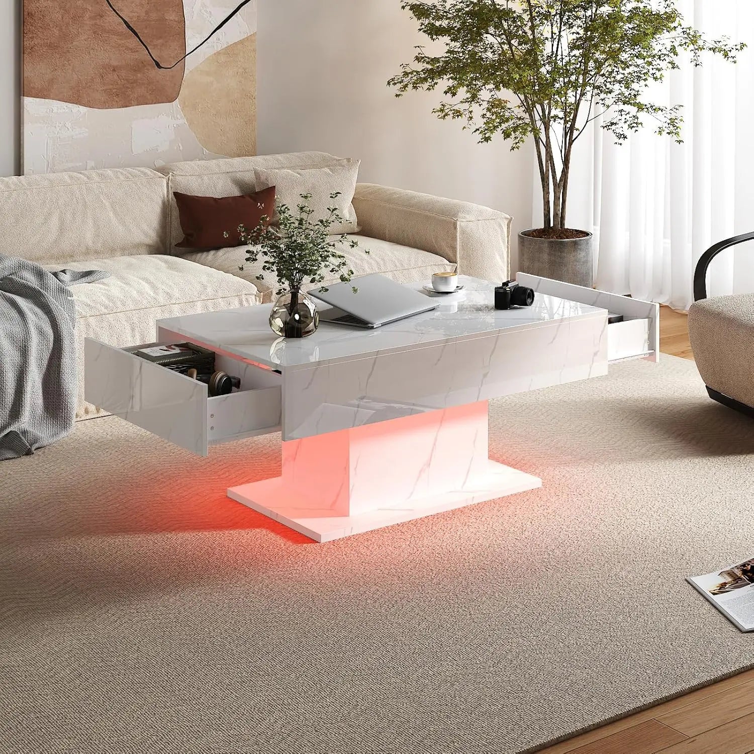 Rectangular LED Coffee Table, 16 Colors Lights, Modern Wood, Living Room Dining Reception, Customized