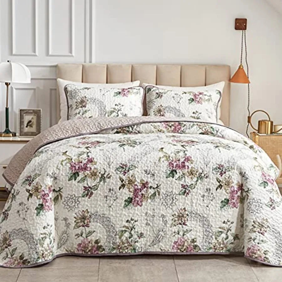 King Size Quilt Set - Beige - Floral - Reversible