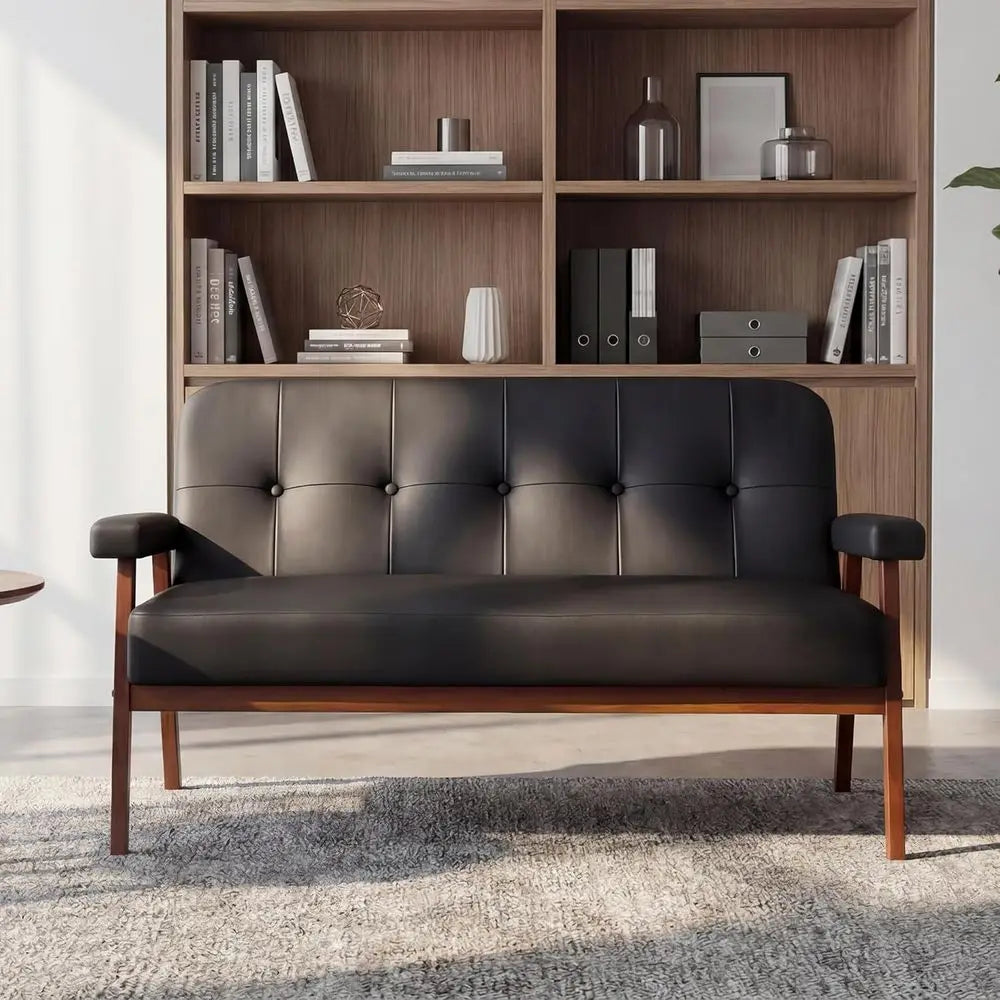 50”W Black aux Leather Small Couch Loveseat