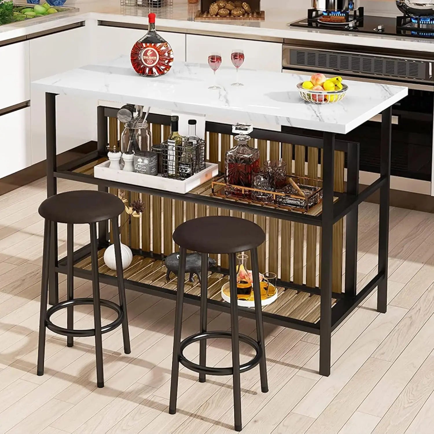 Kitchen Island with Seating & Storage Shelf