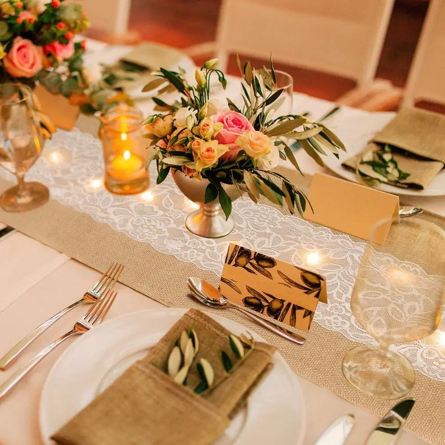 Burlap Table Runner with LED String Lights
