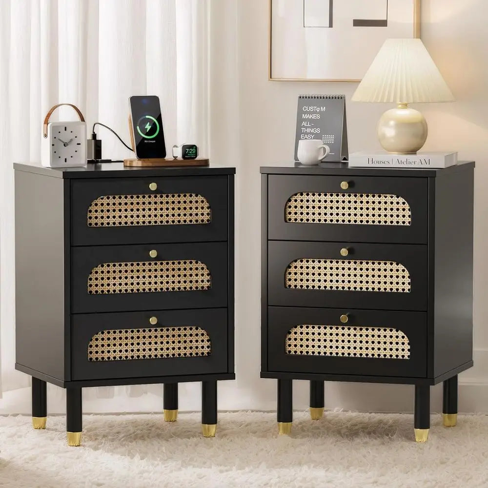 Rattan 3-Tier Nightstand Set of 2