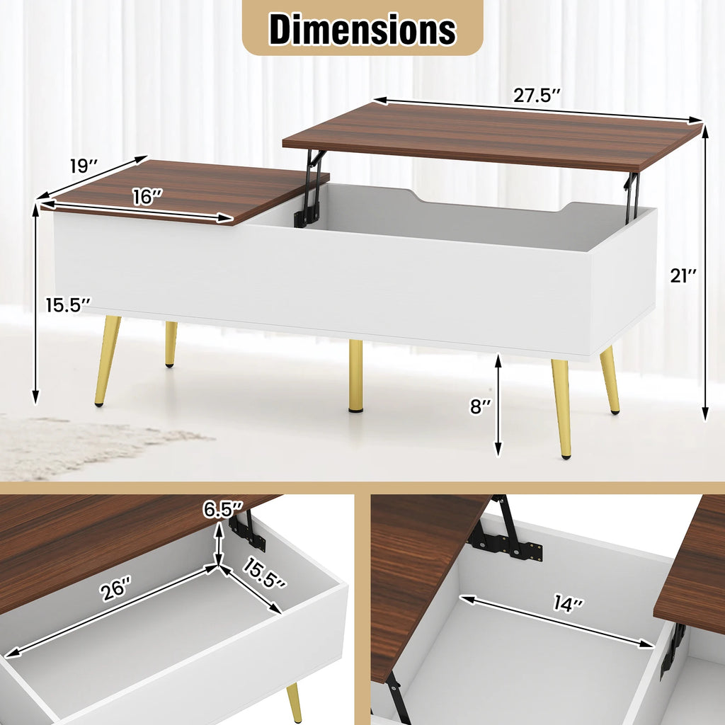 Lift Top Coffee Table with Split Top & 2 Hidden Compartments