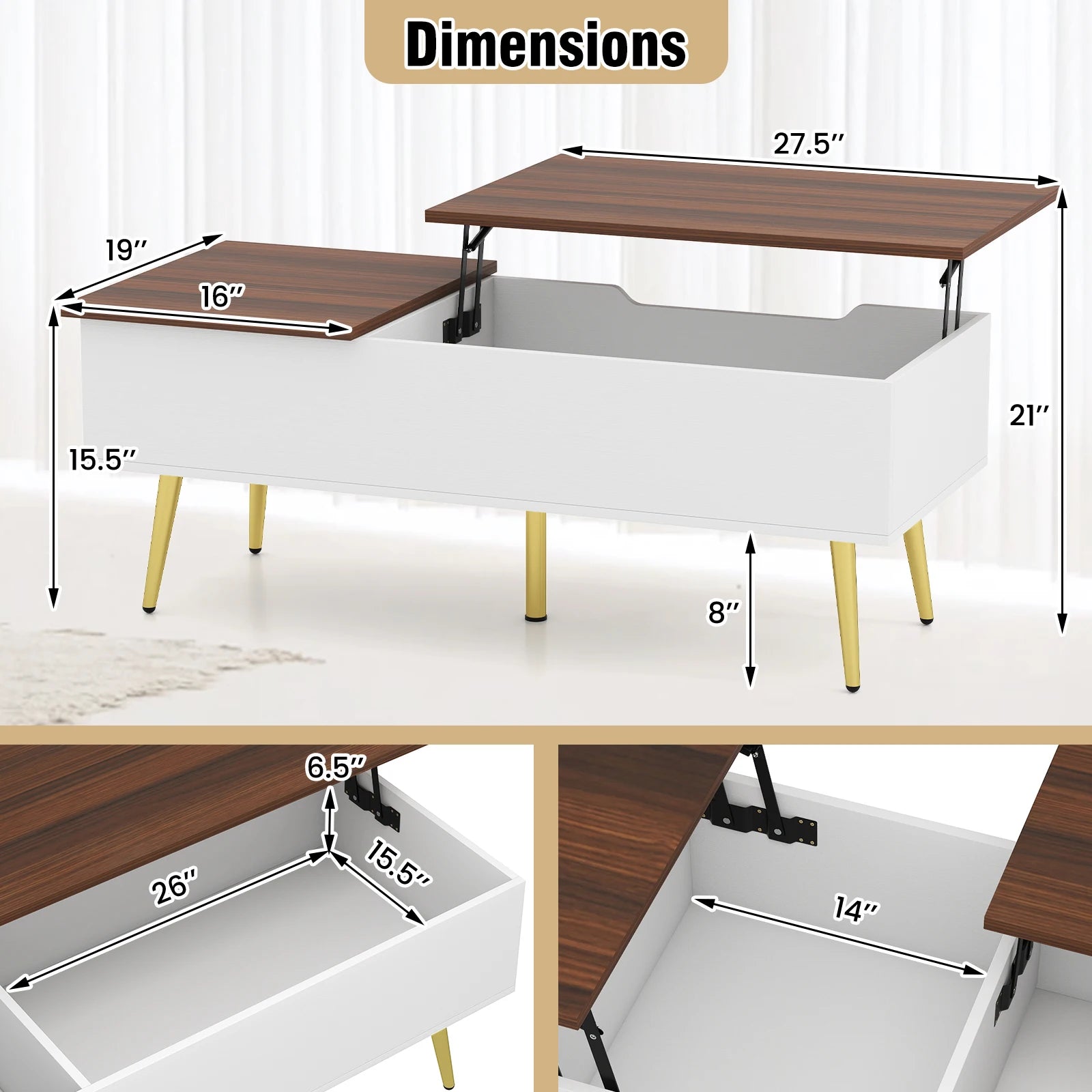Lift Top Coffee Table with Split Top & 2 Hidden Compartments