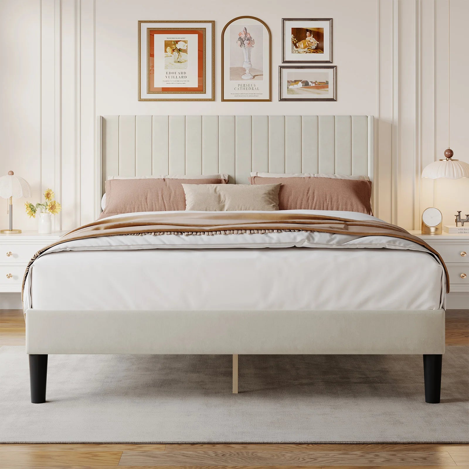 Upholstered Platform Bed Frame with Modern Wingback Headboard