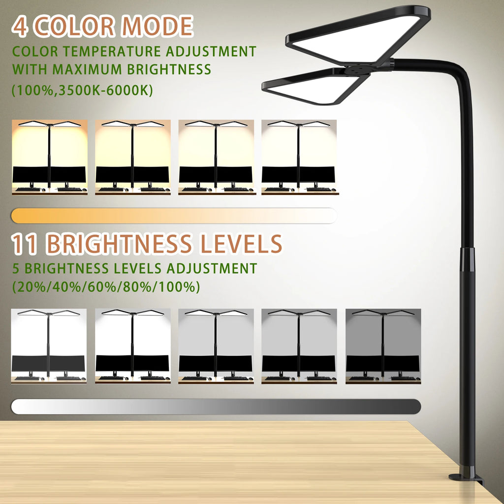 Ultra Large Gooseneck Clamp Desk Lamp Dual Flexible Arm LED Reading Light
