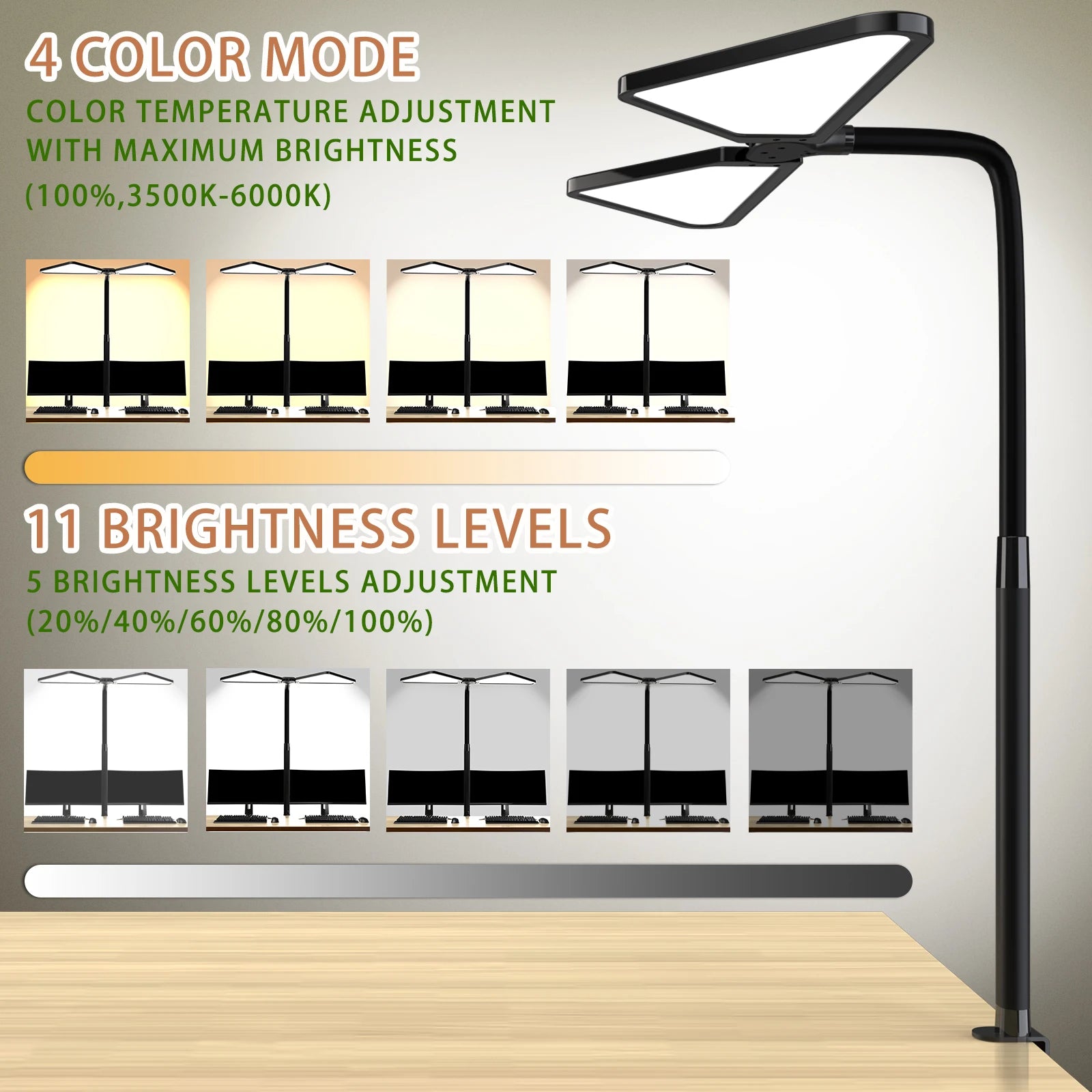 Ultra Large Gooseneck Clamp Desk Lamp Dual Flexible Arm LED Reading Light