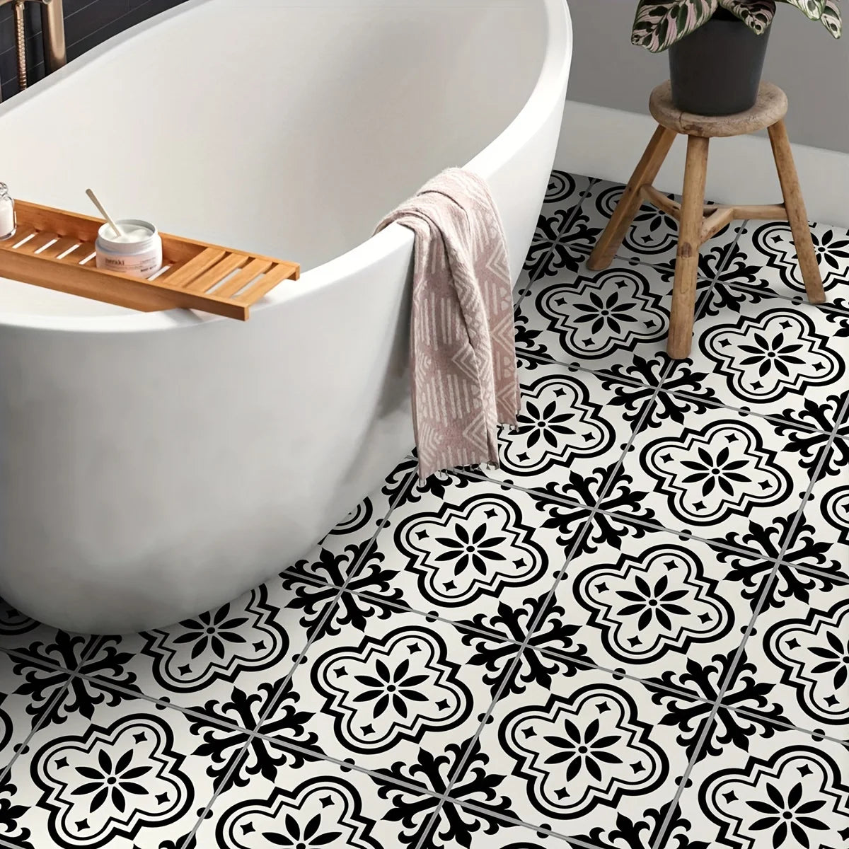 Moroccan style black and white pattern floor sticker (12 pcs)