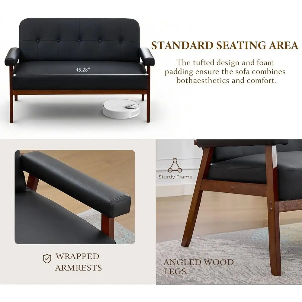 50”W Black aux Leather Small Couch Loveseat