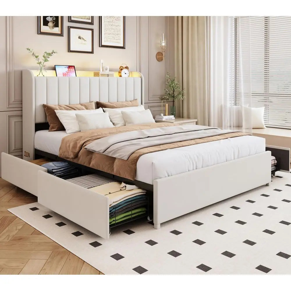 Queen Size Bed Frame with Storage Headboard