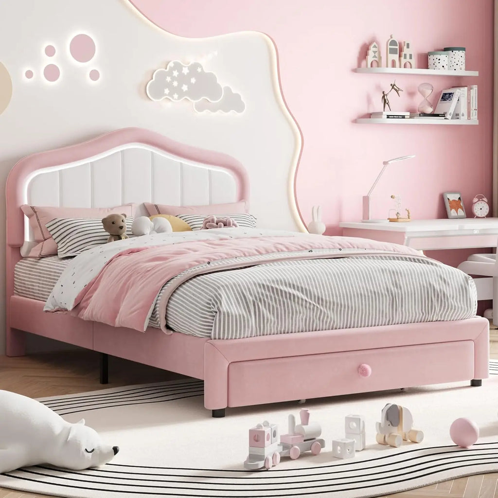 Kids Upholstered Bed Frame with LED Crown Headboard