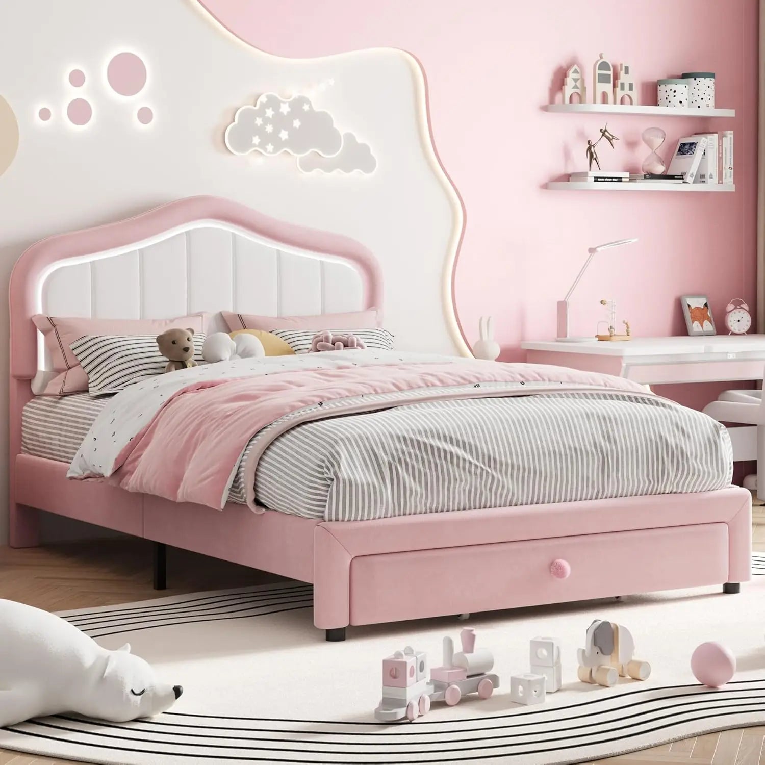 Kids Upholstered Bed Frame with LED Crown Headboard