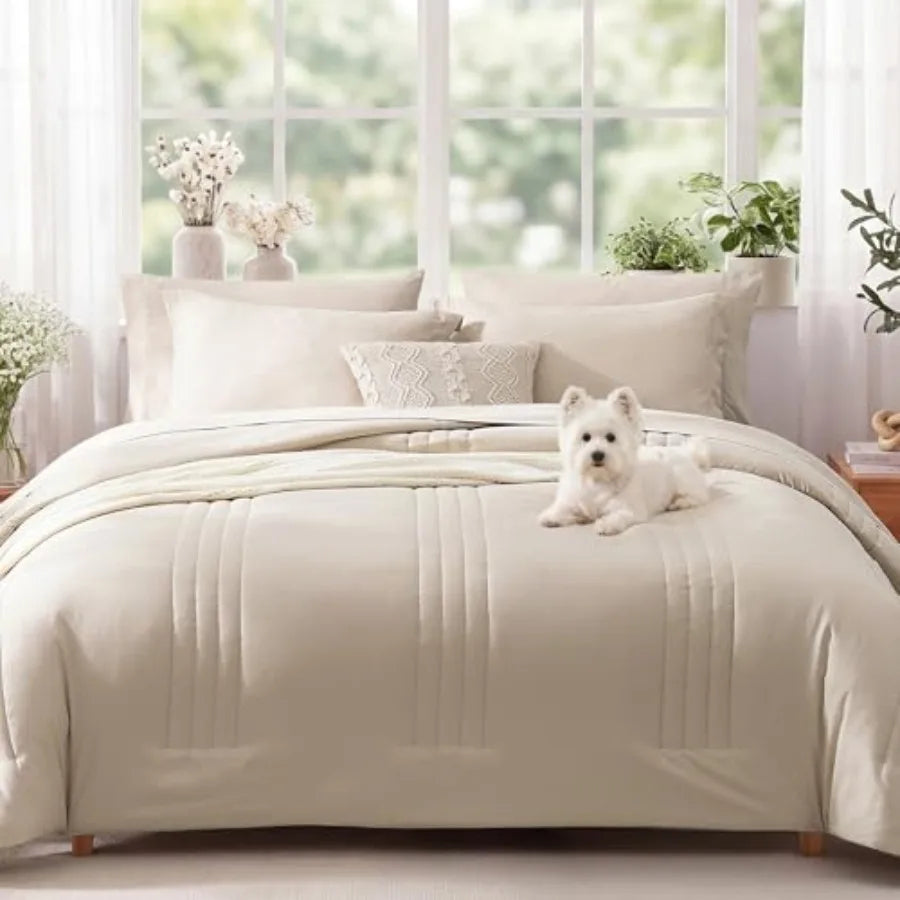 7 Pieces Beige Comforter Set - Beige - Bed in a Bag