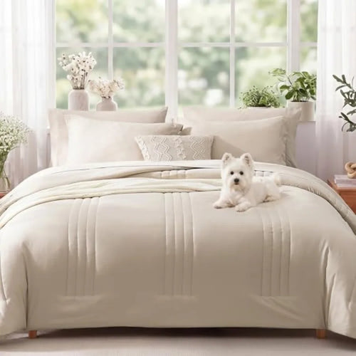 7 Pieces Beige Comforter Set - Beige - Bed in a Bag
