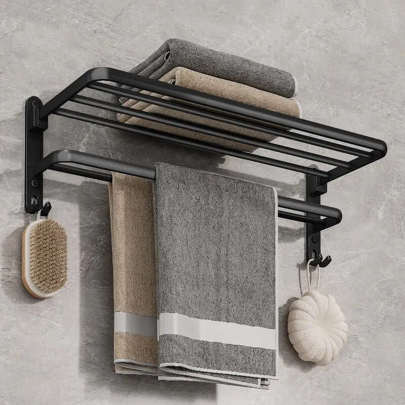 Matte Black 50CM Folding Towel Holder With Hooks