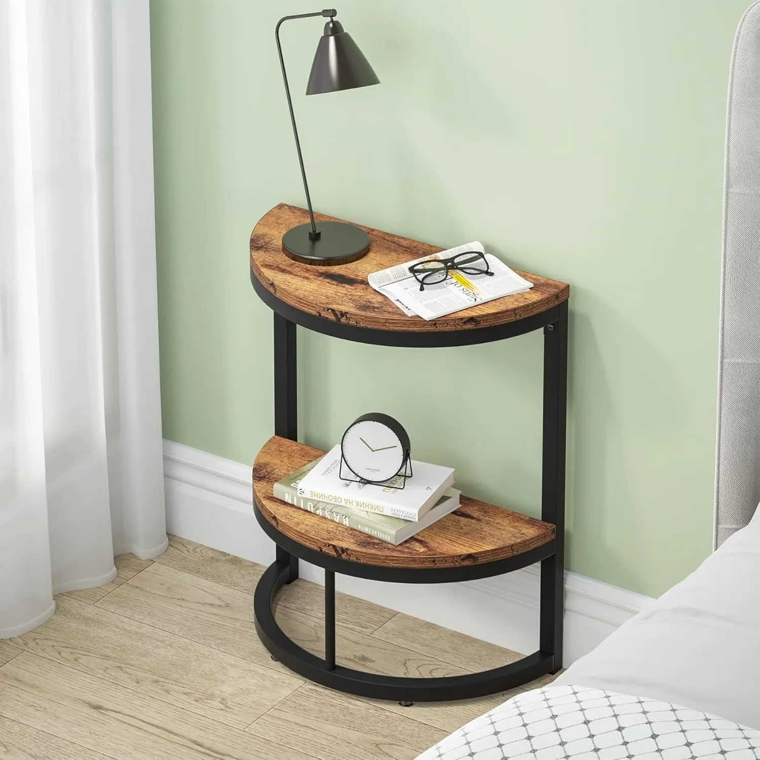 Half Round End Table with Storage Shelf