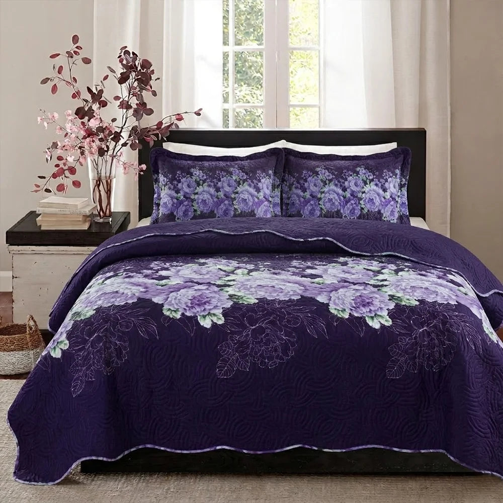 Reversible Floral Printed Quilted Bedspread Set (3 pcs)