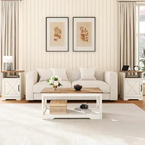 3-Piece Farmhouse Living Room Table Set with Coffee Table & 2 End Tables