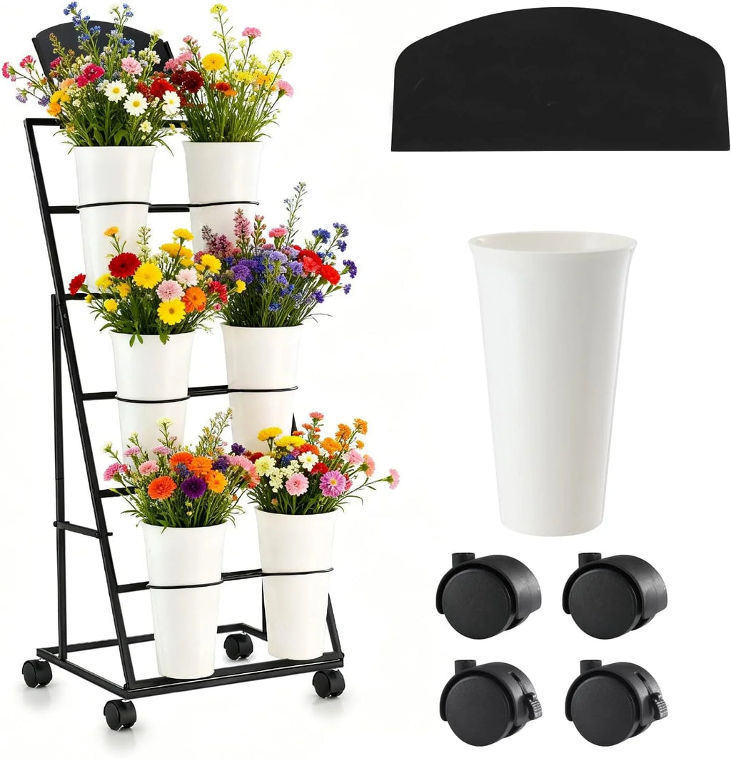 3 Tier Mobile Flower Display Stand with 6 Plastic Flower Buckets