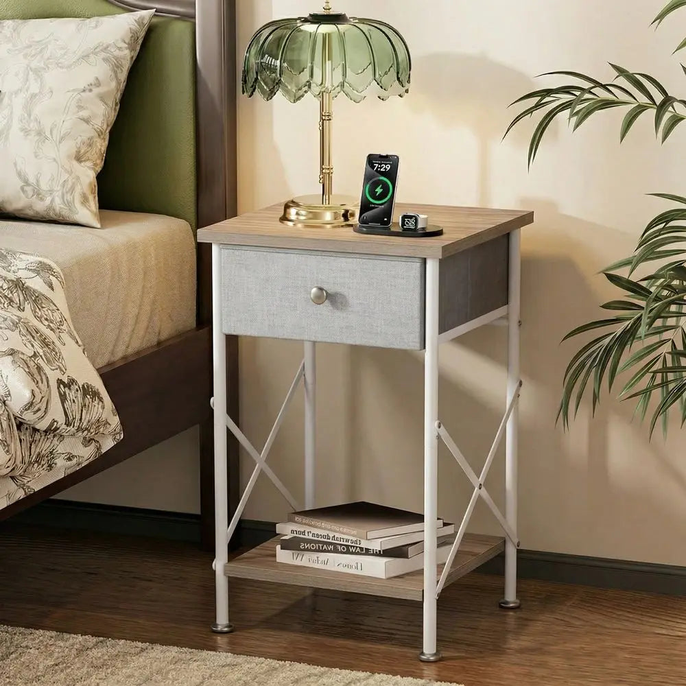 Industrial Nightstands (Set of 2) with Fabric Drawers & Open Storage Shelves