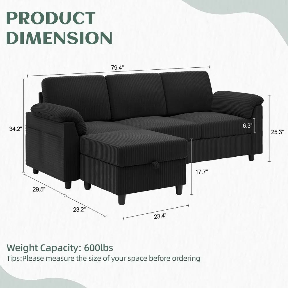 Convertible Sectional Couch Sofa with Storage Ottoman