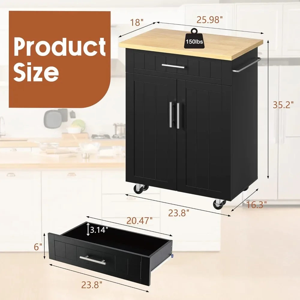 Rolling Kitchen Cart with Storage Cabinet & Drawer