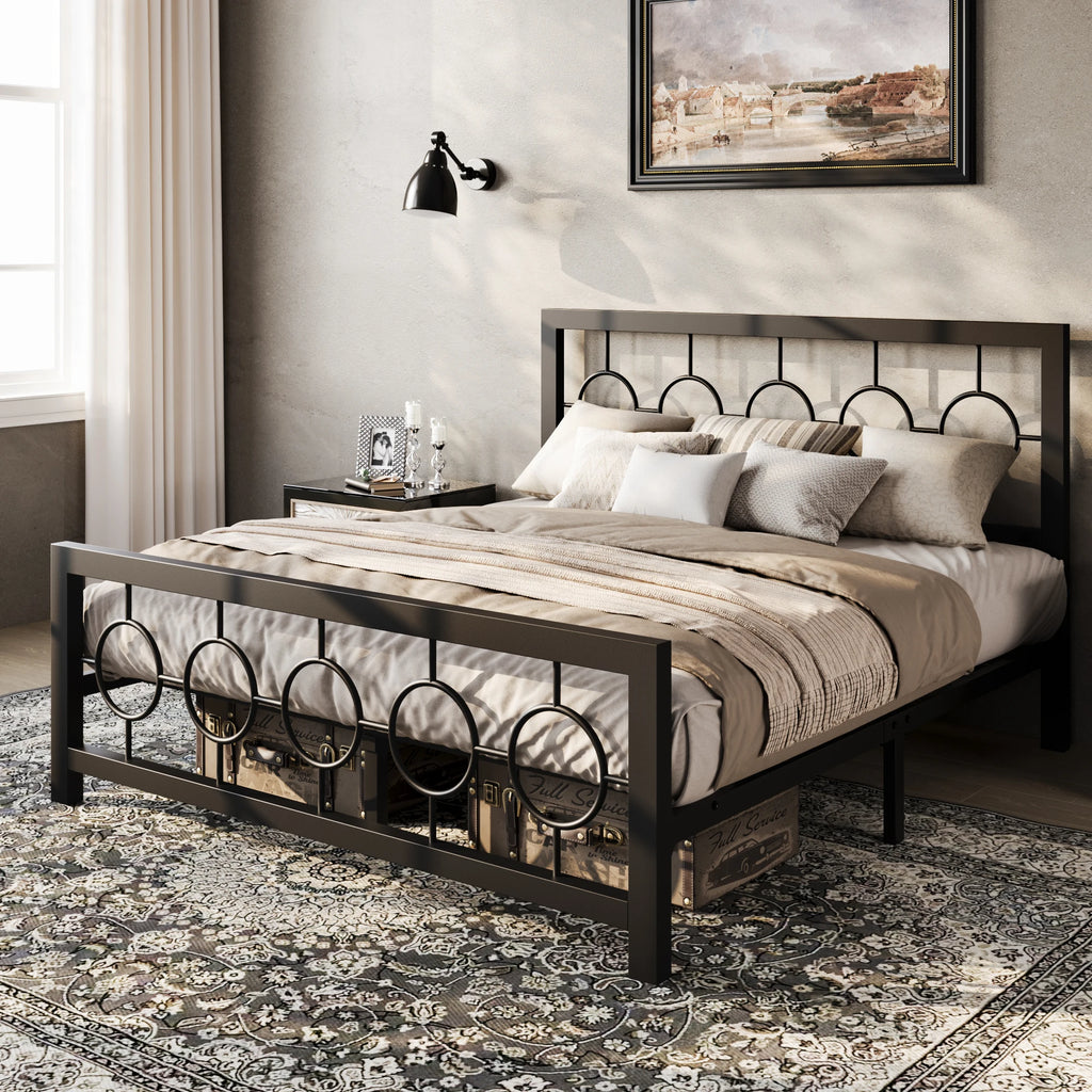 Metal Platform Bed Frame with Vintage Circular Design Headboard