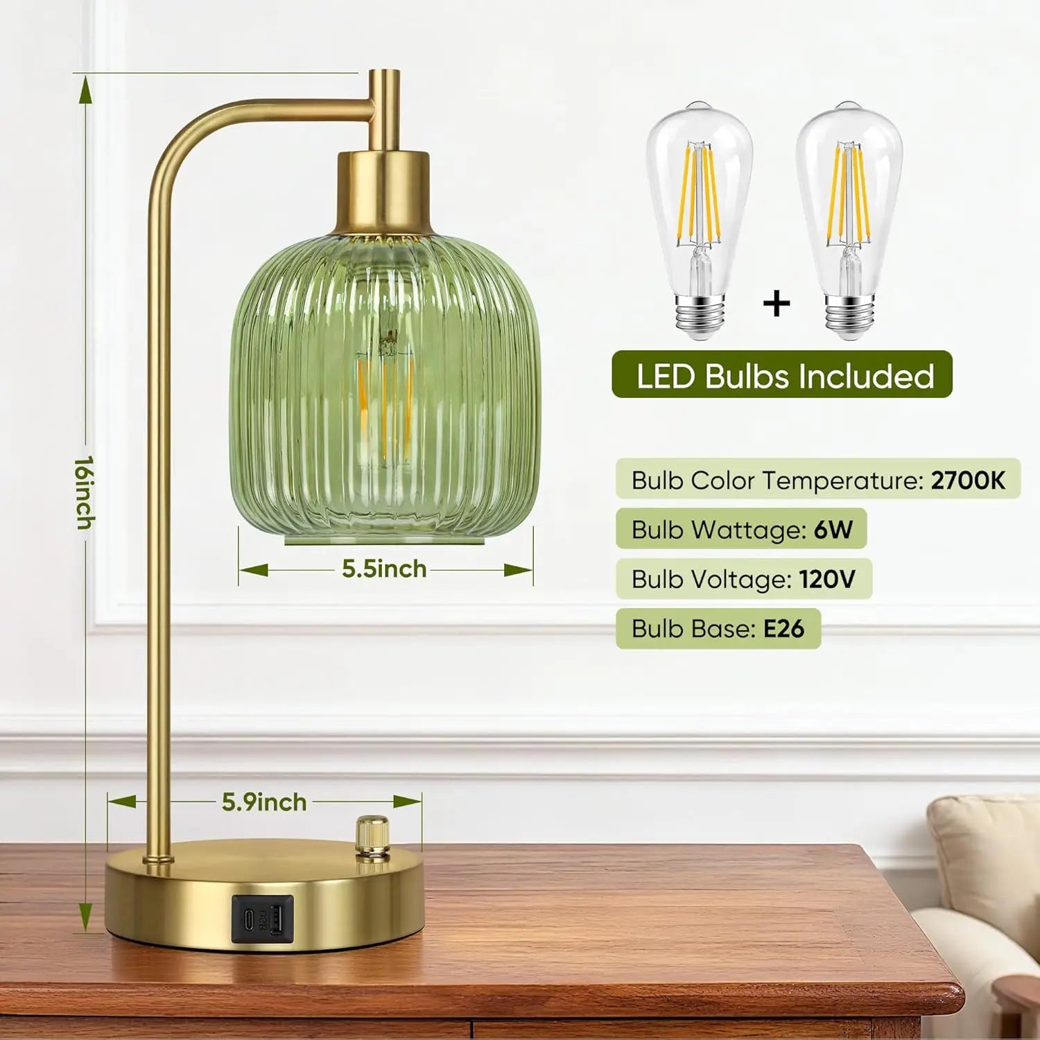 Industrial Green Glass Table Lamp (Set of 2)