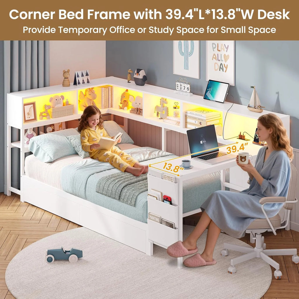 Corner Bed with Storage with Charging, LED, and Desk