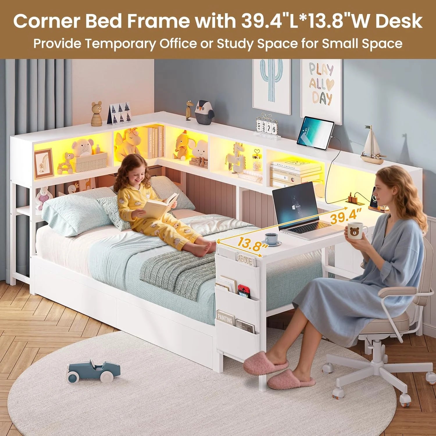 Corner Bed with Storage with Charging, LED, and Desk