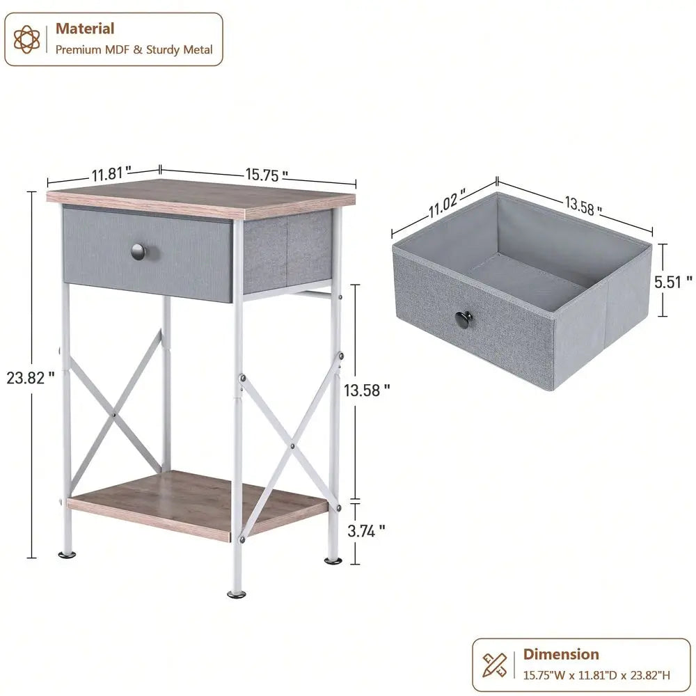 Industrial Nightstands (Set of 2) with Fabric Drawers & Open Storage Shelves