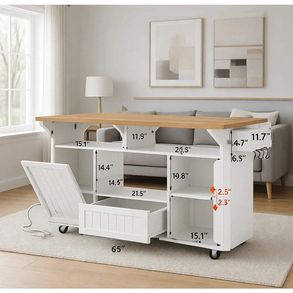 65" Kitchen Island with Power Outlet & Drop Leaf