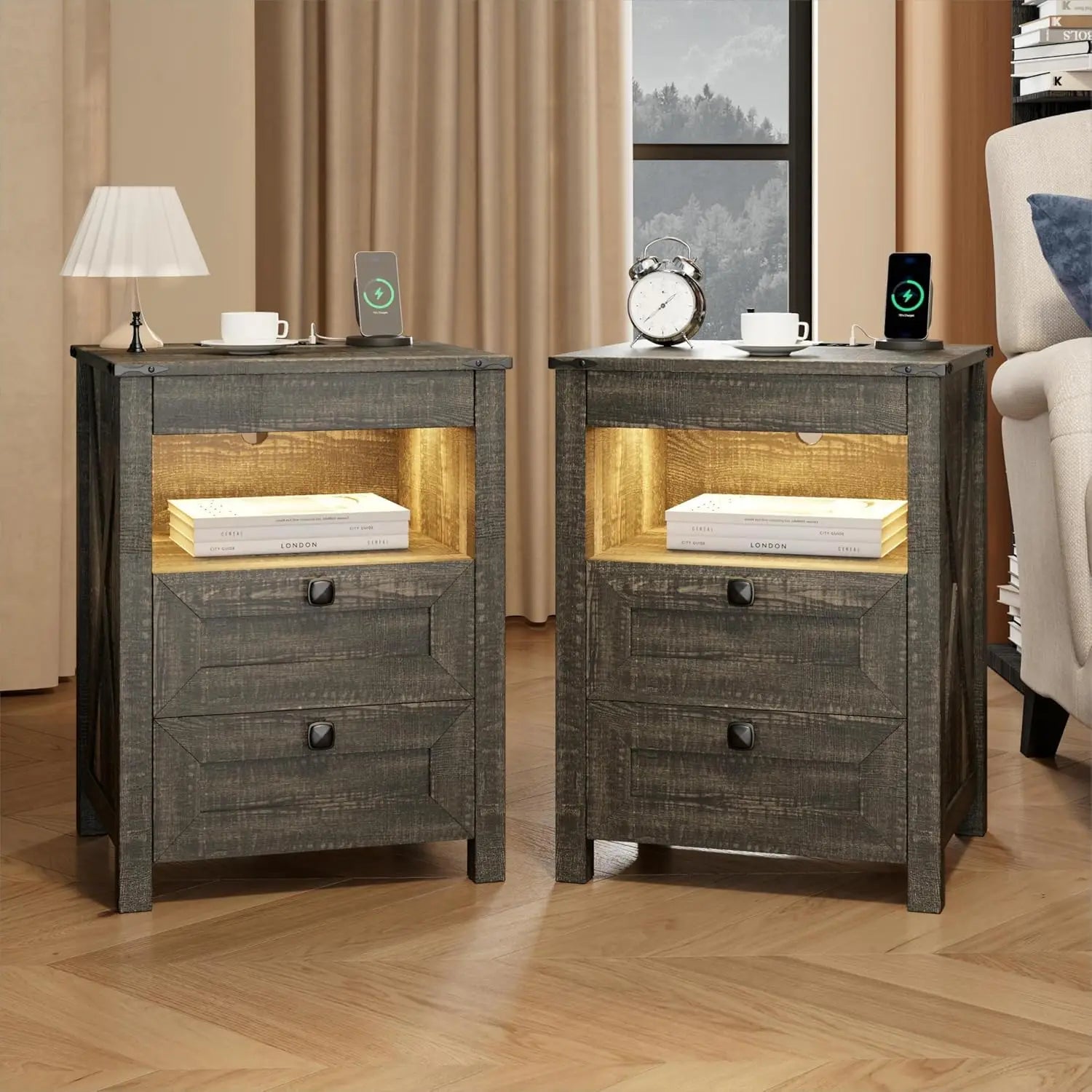 Farmhouse Nightstand Set of 2 with Gun Drawer